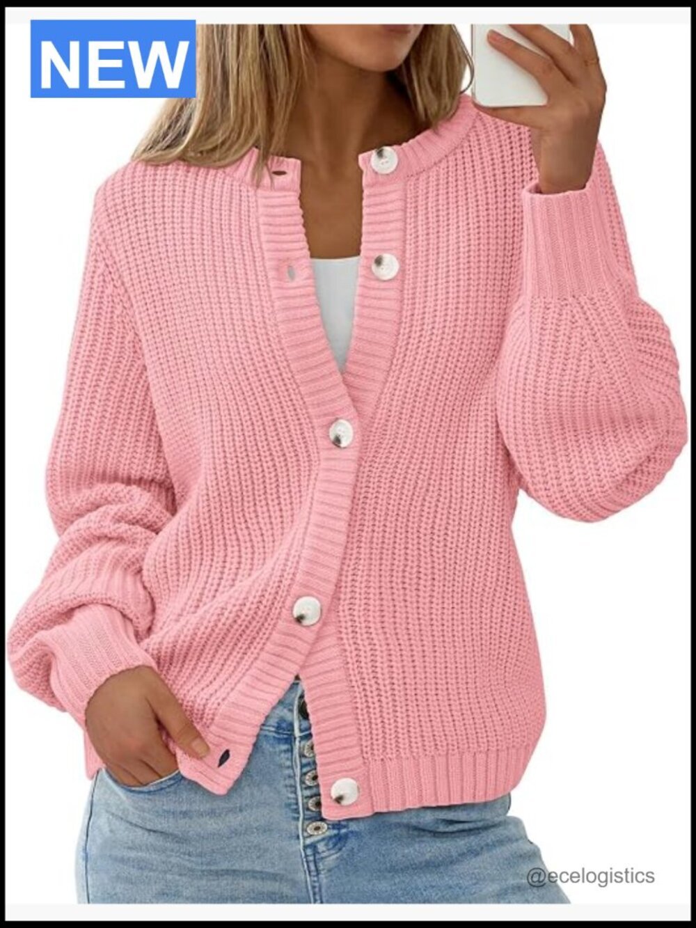 Chunky Knit Open Front Cardigan Sweater Button Down Crewneck Long Sleeve